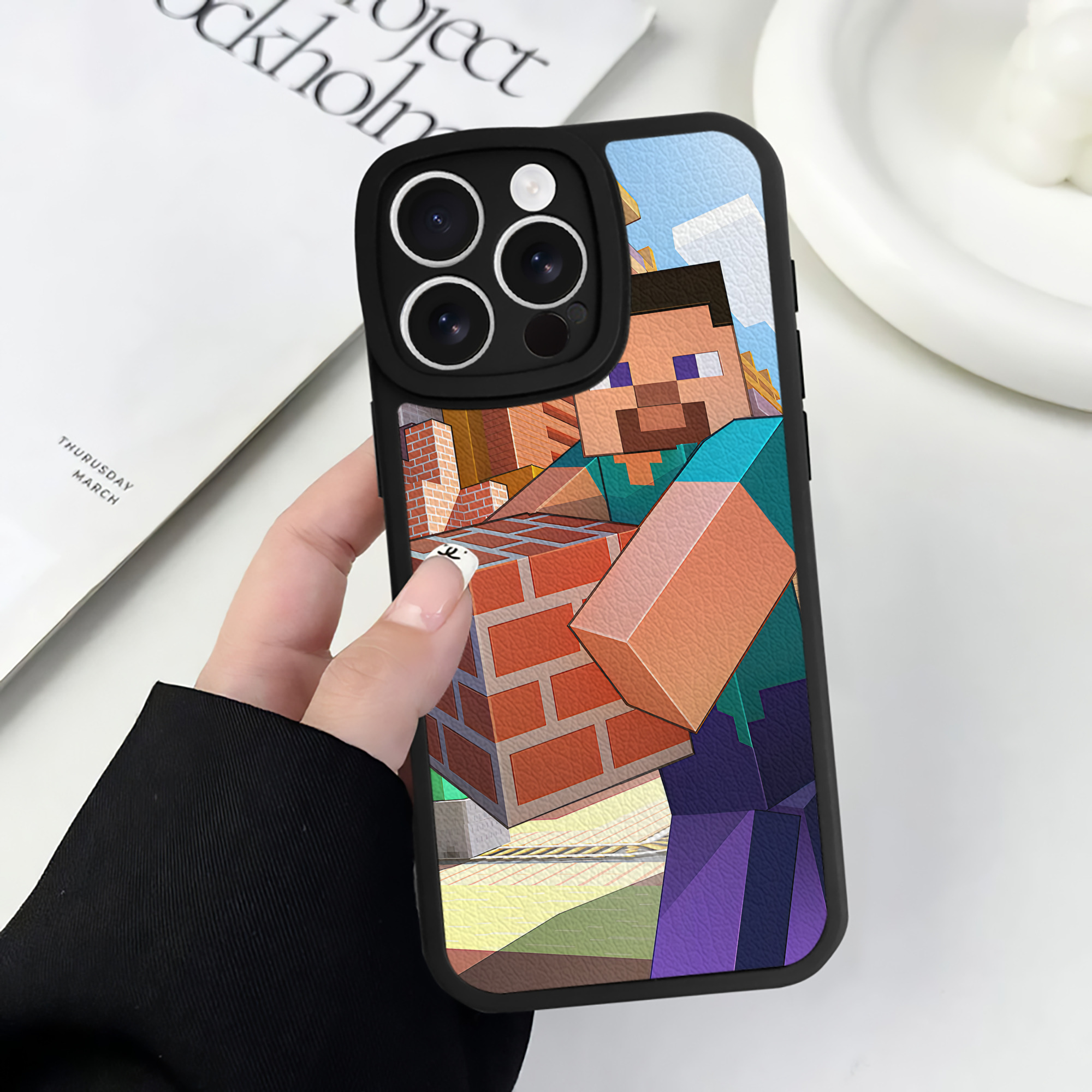 （画像用） マインクラフト ブロックの世界 Minecraft MC Block world 【iPhone 16シリーズ対応】シリコンスマホケース（レザー調） 材質：シリコン